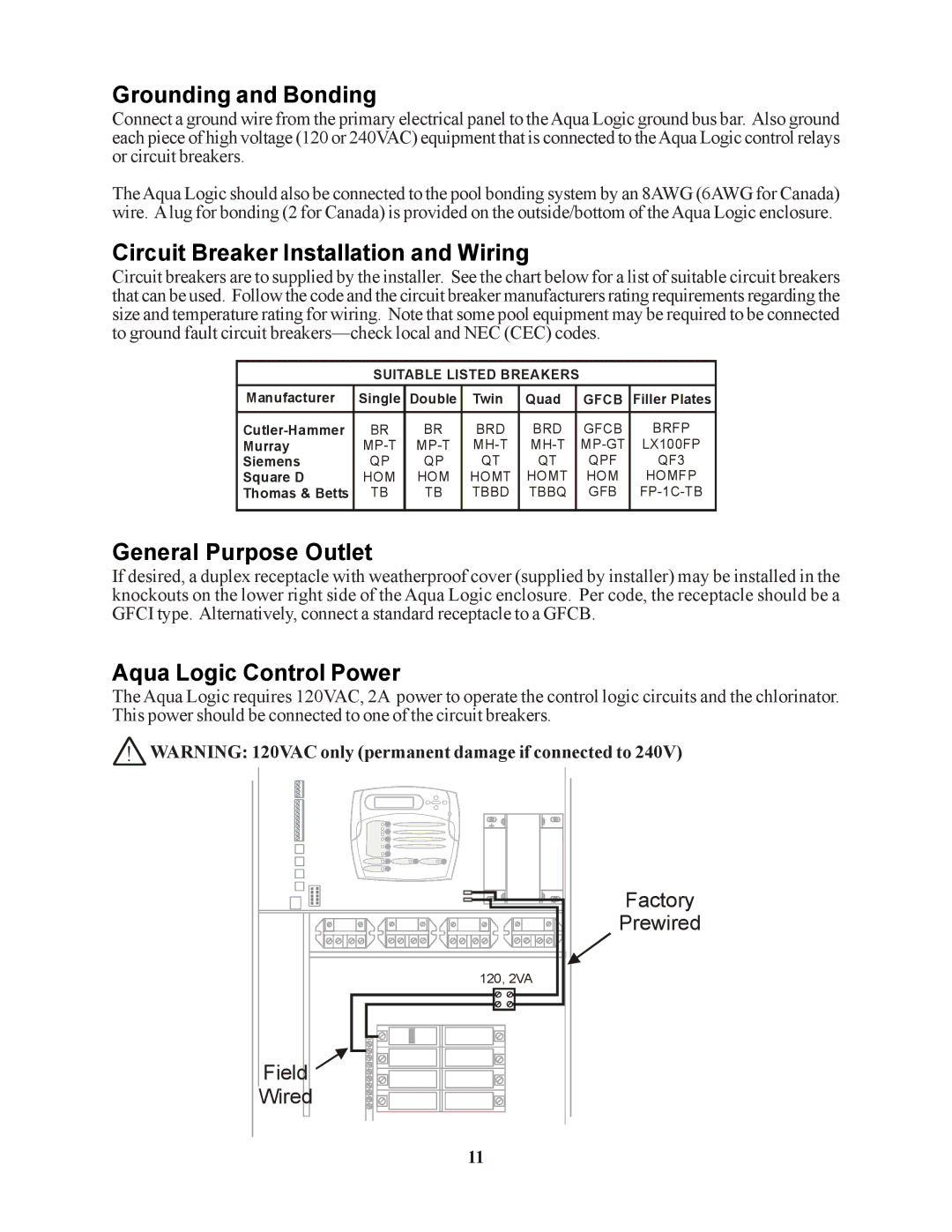 Raypak PS-4 PS-8 installation manual Grounding and Bonding, Circuit Breaker Installation and Wiring, General Purpose Outlet 