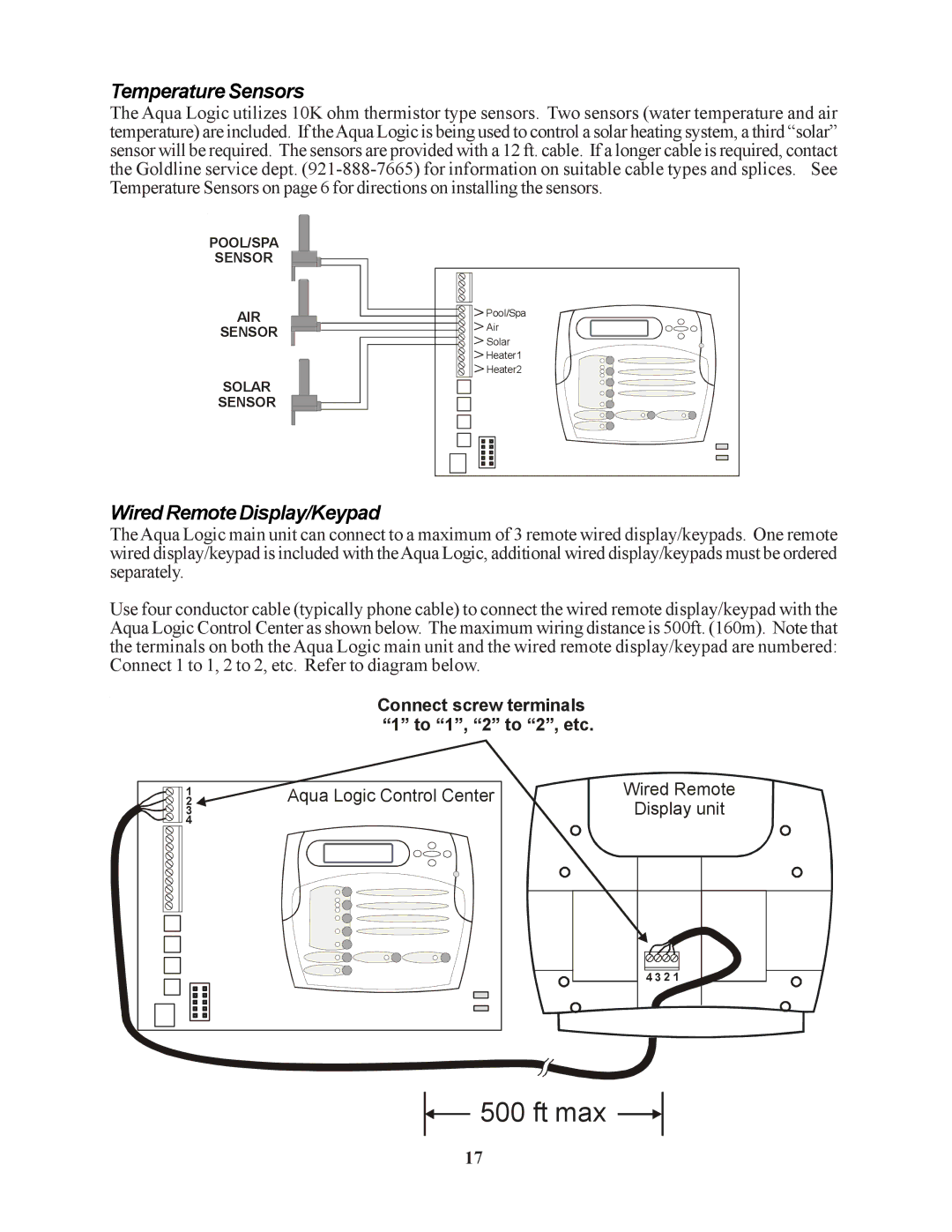 Raypak PS-4 PS-8 installation manual Temperature Sensors, Wired Remote Display/Keypad 