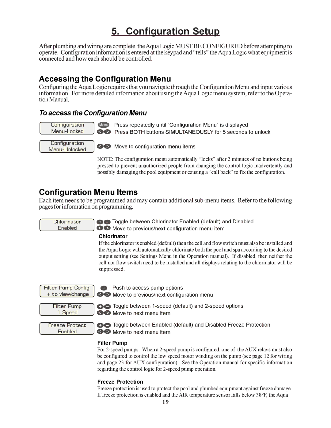 Raypak PS-4 PS-8 Accessing the Configuration Menu, Configuration Menu Items, To access the Configuration Menu, Chlorinator 