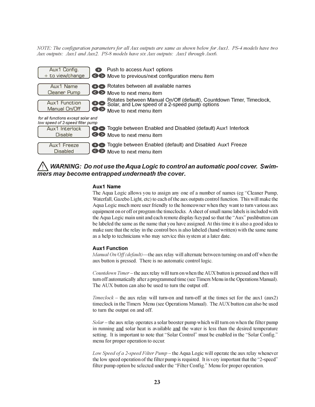 Raypak PS-4 PS-8 installation manual Aux1 Name, Aux1 Function 