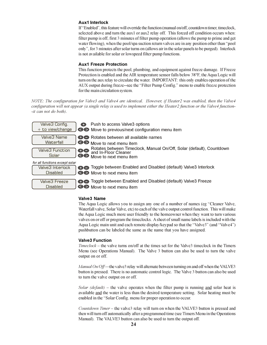 Raypak PS-4 PS-8 installation manual Aux1 Interlock, Aux1 Freeze Protection, Valve3 Name, Valve3 Function 