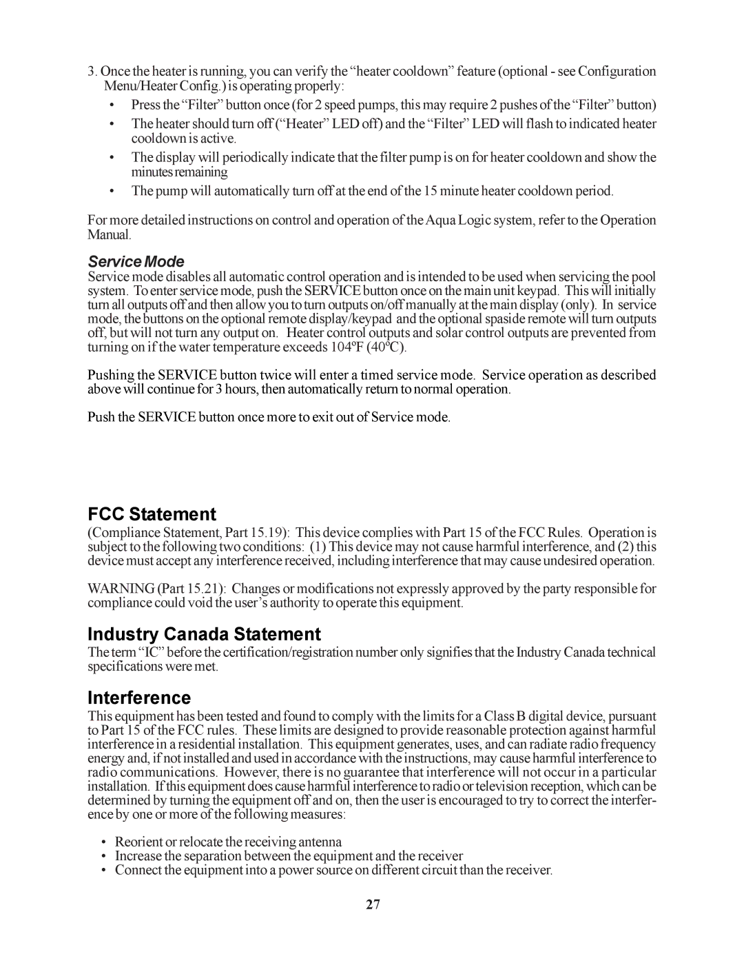 Raypak PS-4 PS-8 installation manual FCC Statement, Industry Canada Statement, Interference 