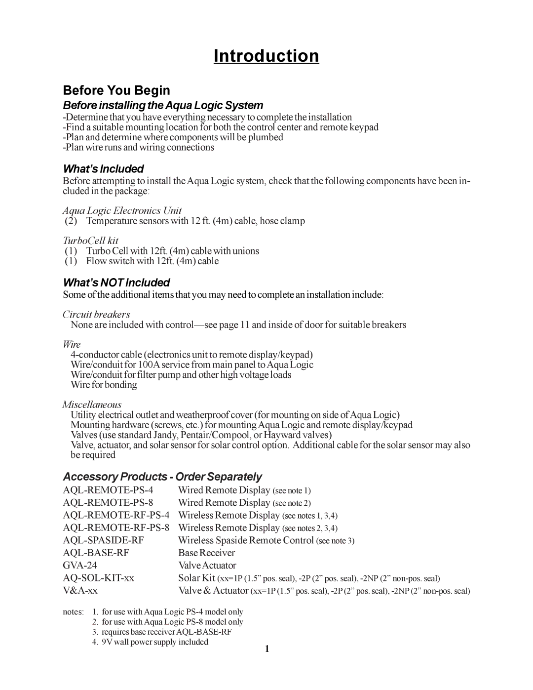 Raypak PS-4 PS-8 Before You Begin, Before installing the Aqua Logic System, What’s Included, What’s not Included 