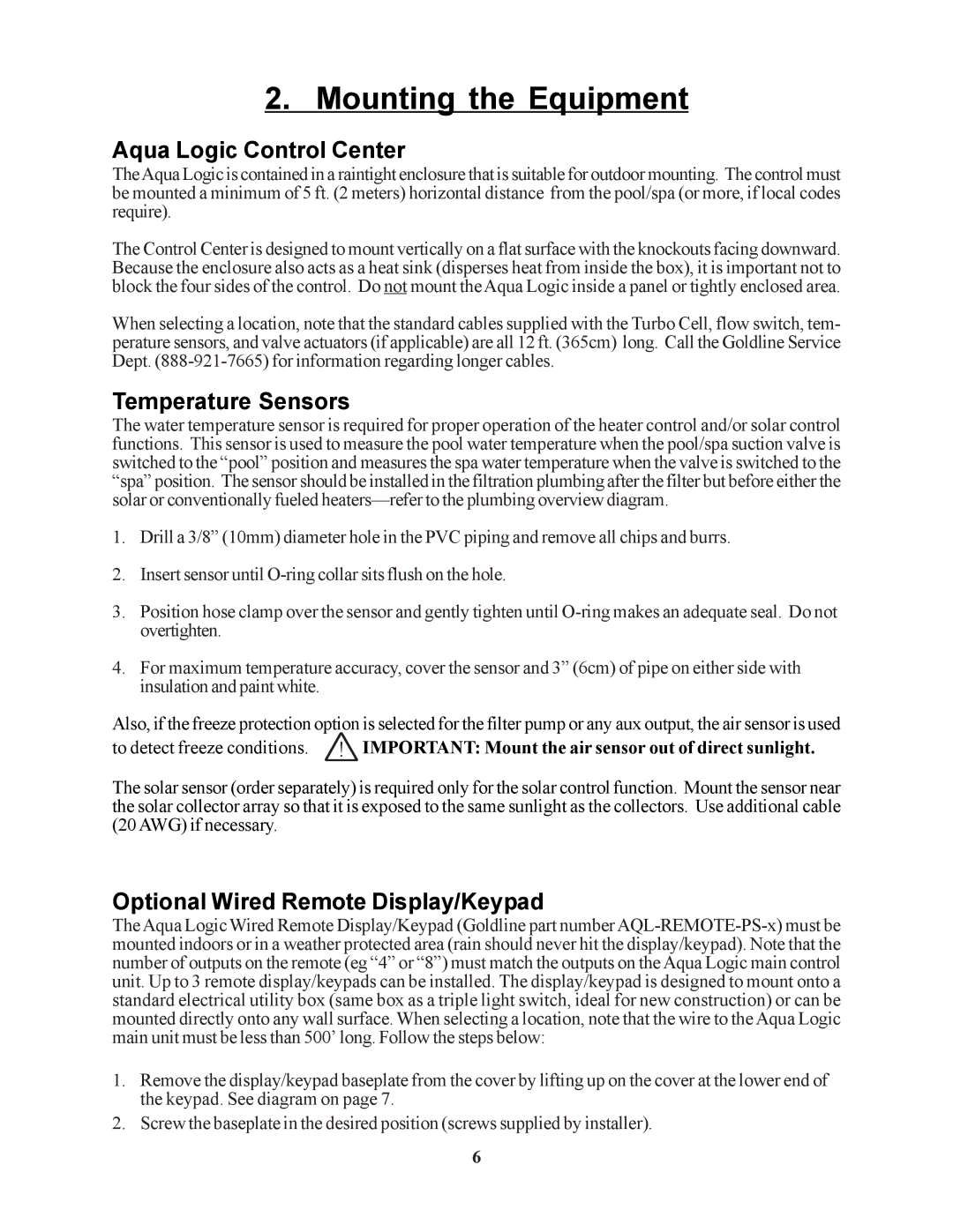 Raypak PS-4 PS-8 installation manual Aqua Logic Control Center, Temperature Sensors, Optional Wired Remote Display/Keypad 