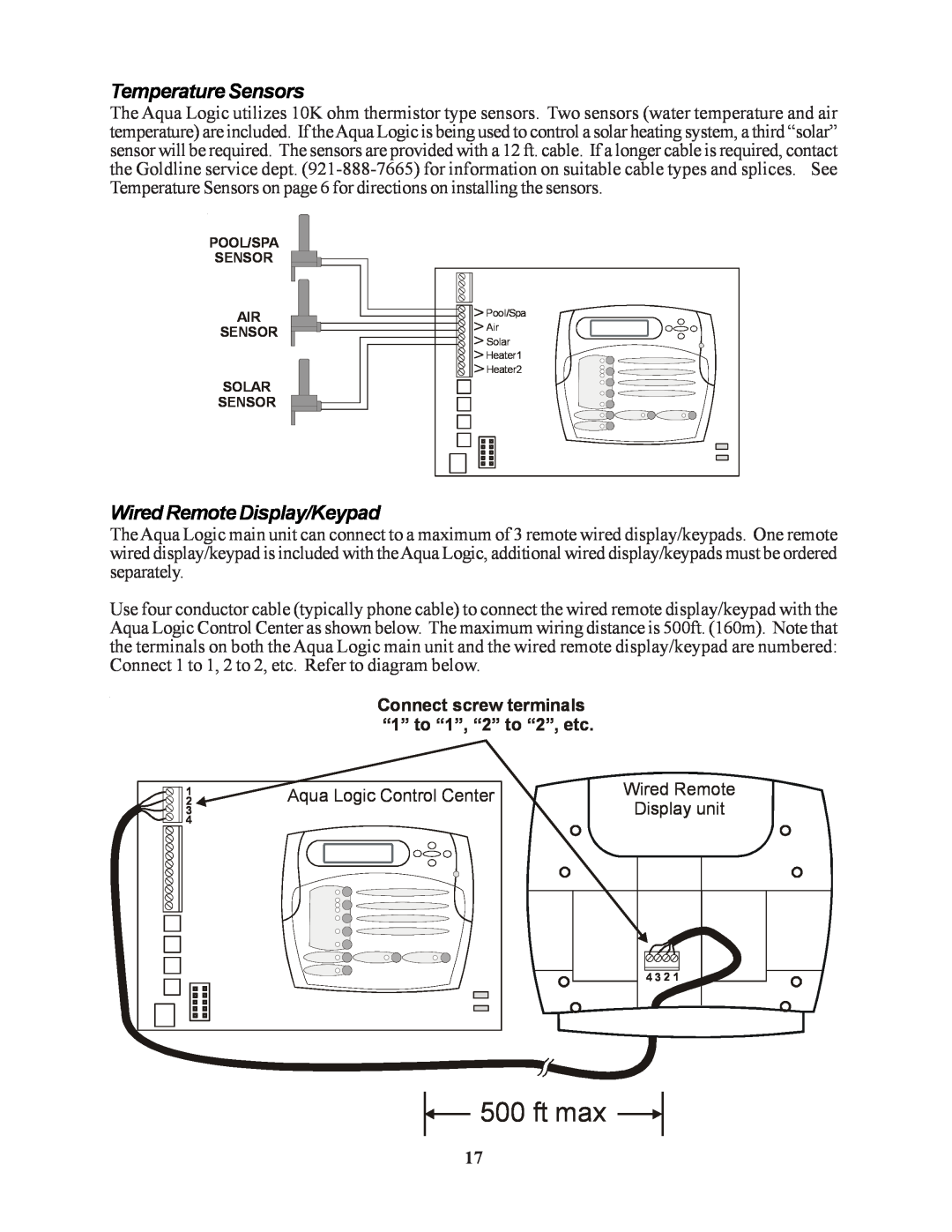 Raypak PS-4 PS-8 installation manual Temperature Sensors, Wired Remote Display/Keypad, ft max 