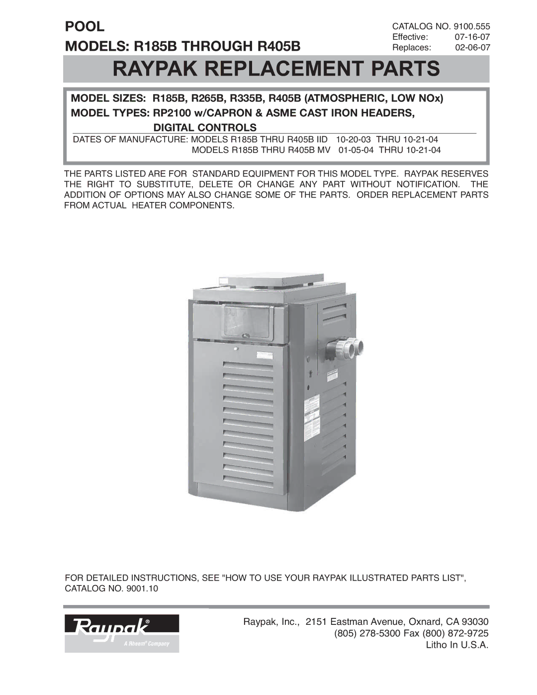 Raypak R265B, R335B manual Raypak Replacement Parts 