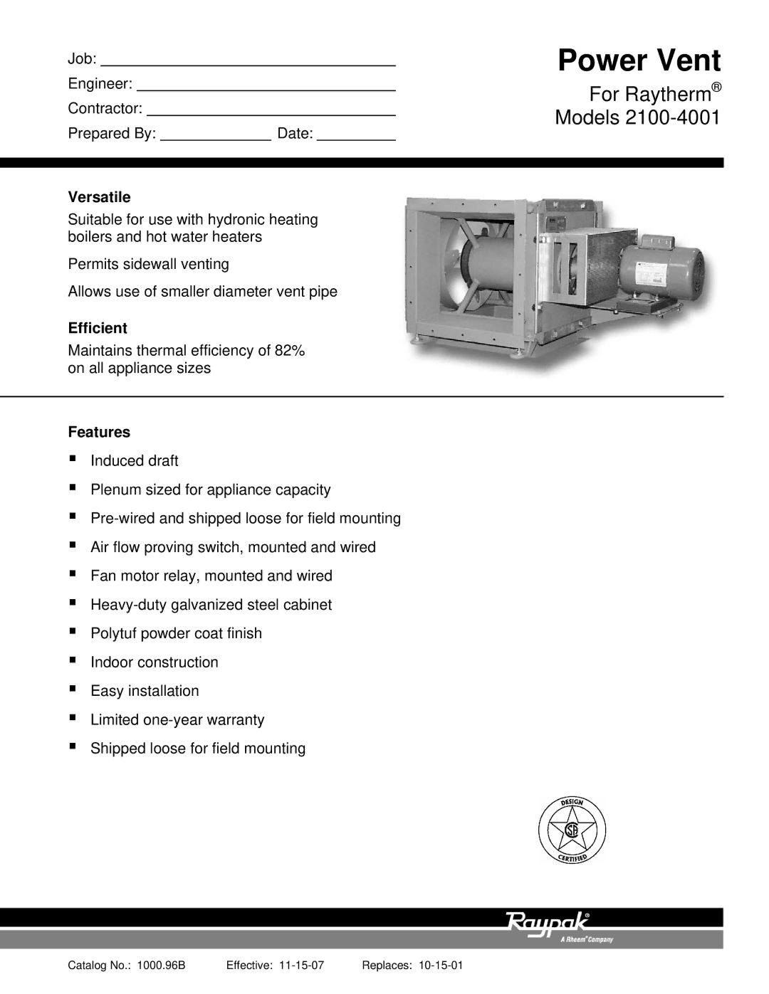 Raypak Raytherm 4001, Raytherm 2100 warranty Power Vent, For Raytherm, Models 