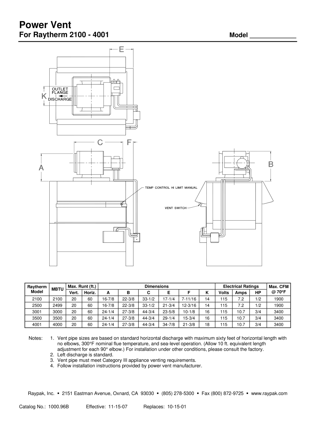 Raypak Raytherm 4001 warranty Power Vent, For Raytherm 2100, Model, Mbtu 