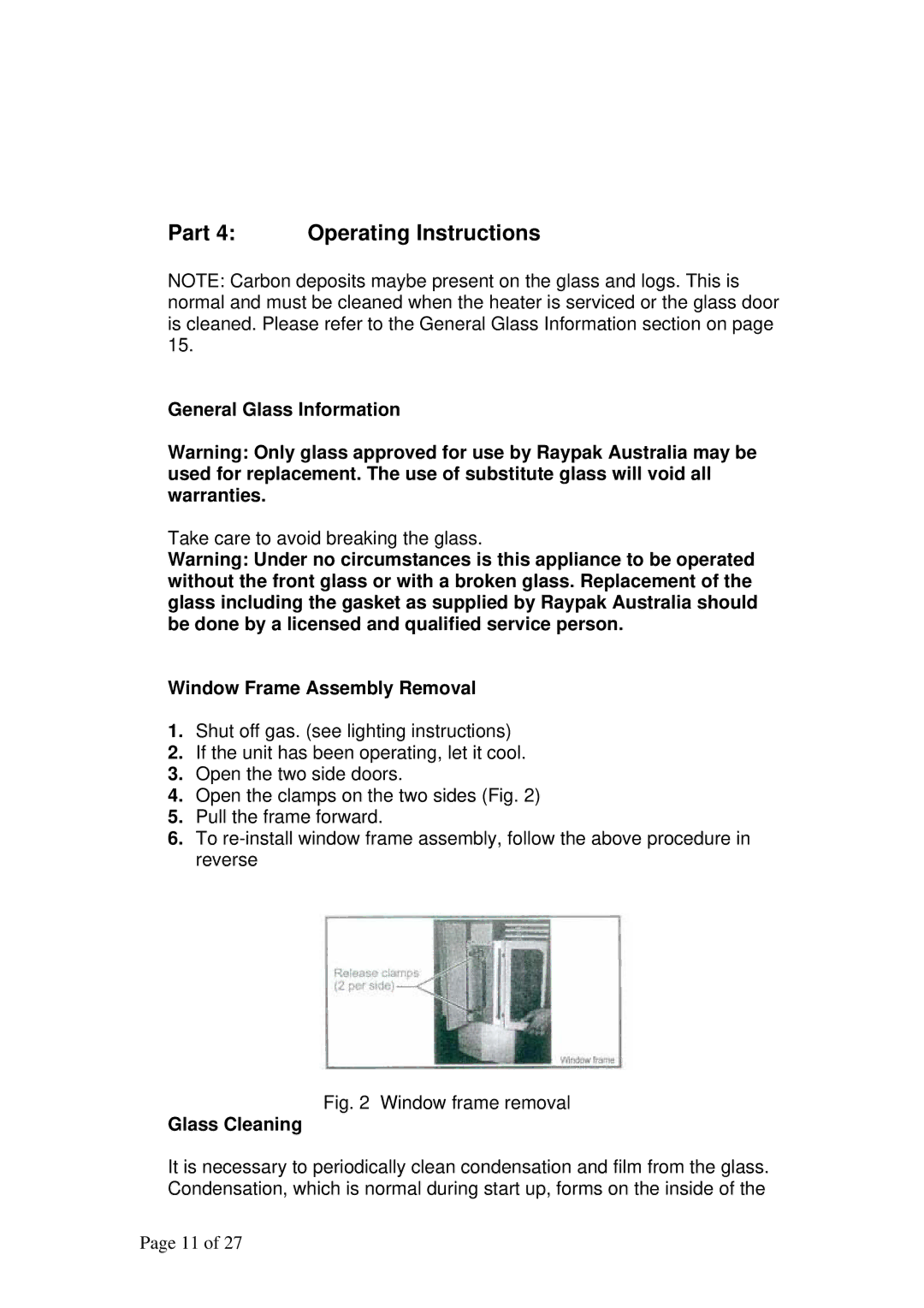 Raypak RFSDV34RFPAU, RFSDV34RFNAU Part 4 Operating Instructions, General Glass Information, Window Frame Assembly Removal 