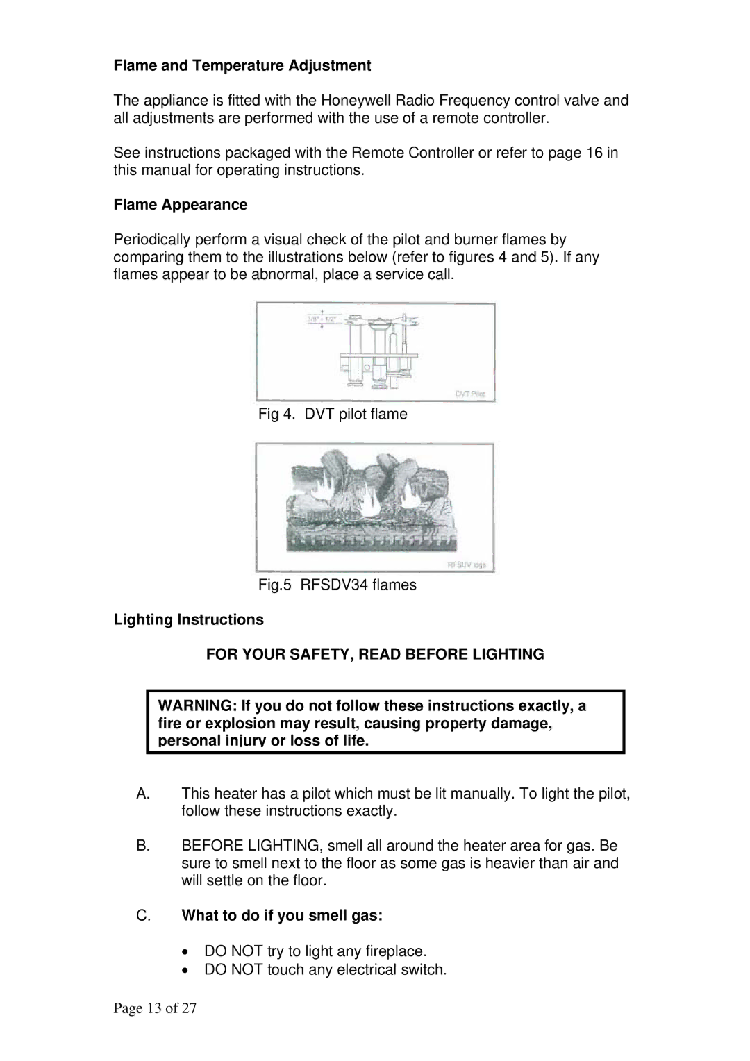 Raypak RFSDV34RFPAU Flame and Temperature Adjustment, Flame Appearance, Lighting Instructions, What to do if you smell gas 