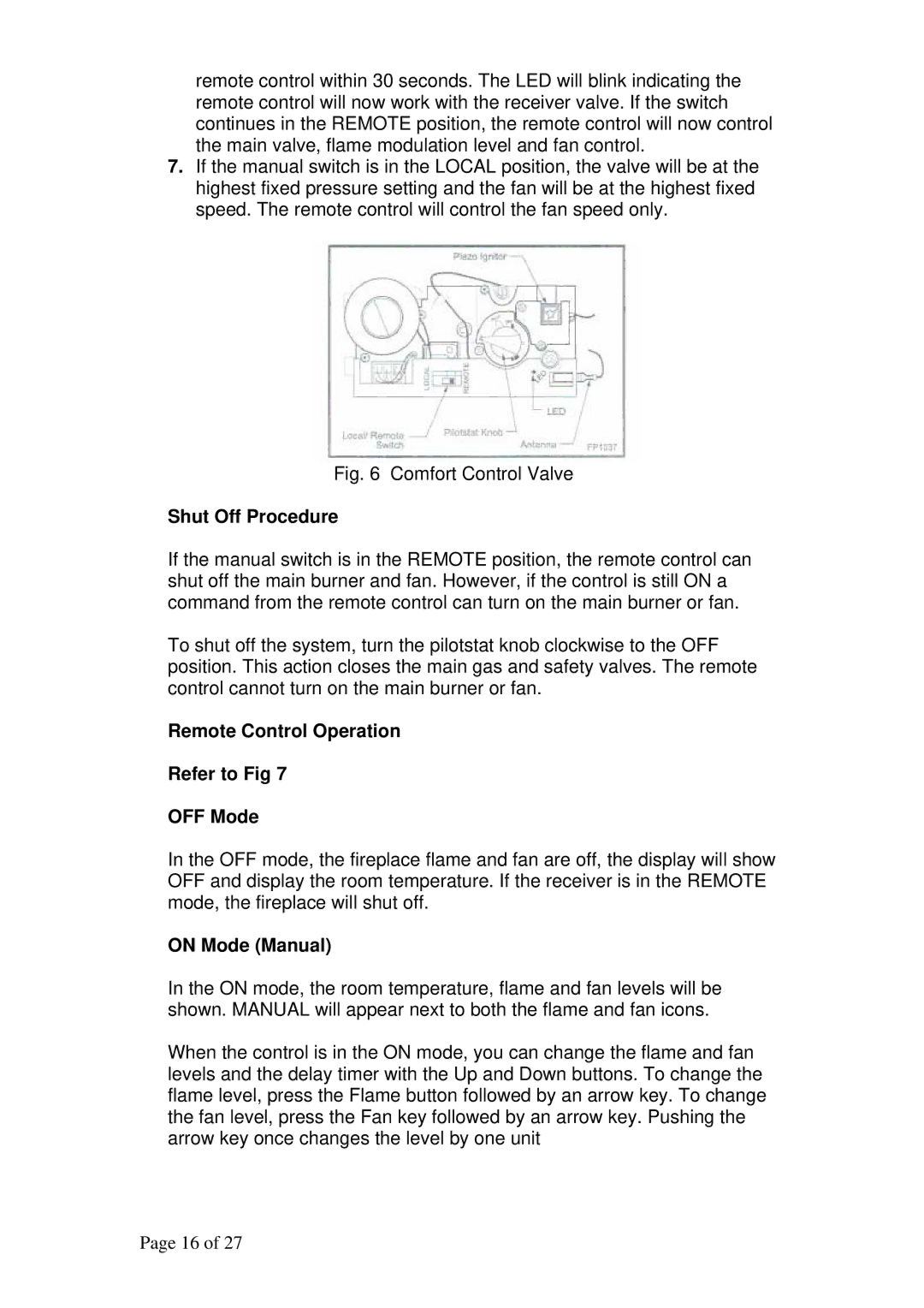 Raypak RFSDV34RFNAU, RFSDV34RFPAU manual Shut Off Procedure, Remote Control Operation Refer to Fig OFF Mode, On Mode Manual 