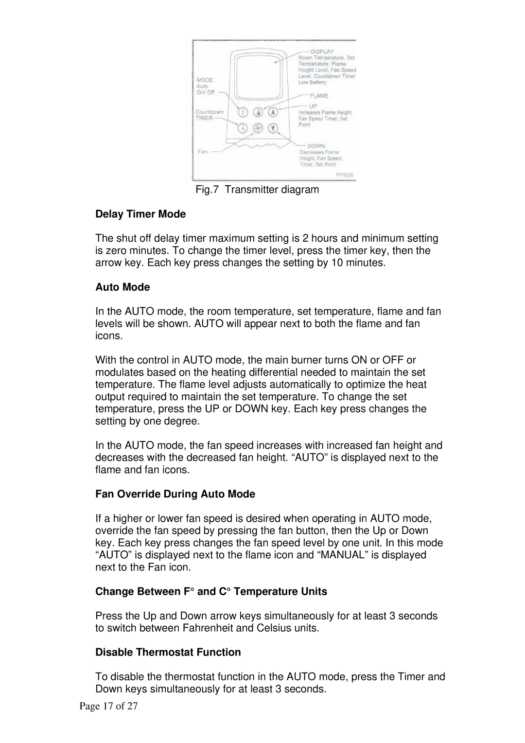 Raypak RFSDV34RFPAU manual Delay Timer Mode, Fan Override During Auto Mode, Change Between F and C Temperature Units 