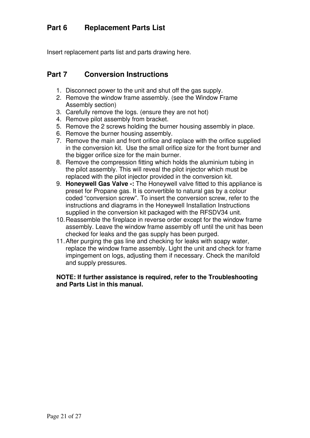 Raypak RFSDV34RFPAU, RFSDV34RFNAU manual Part 6 Replacement Parts List, Part 7 Conversion Instructions 