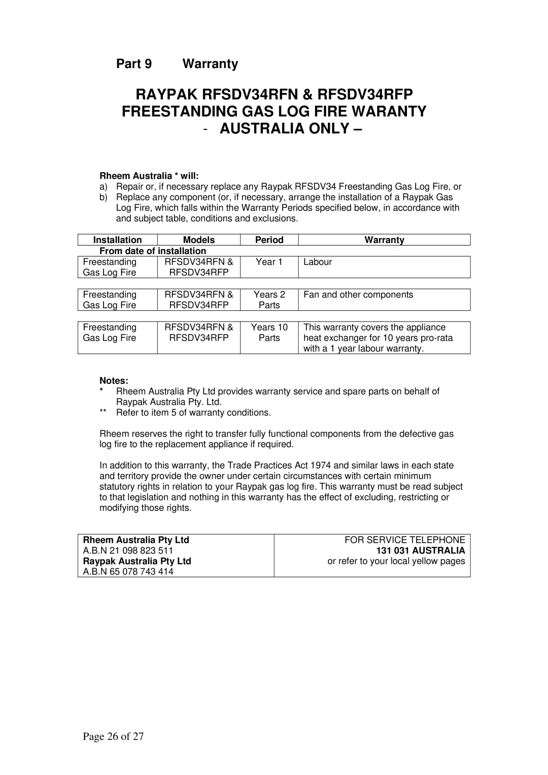 Raypak RFSDV34RFNAU, RFSDV34RFPAU manual Part, Rheem Australia * will 