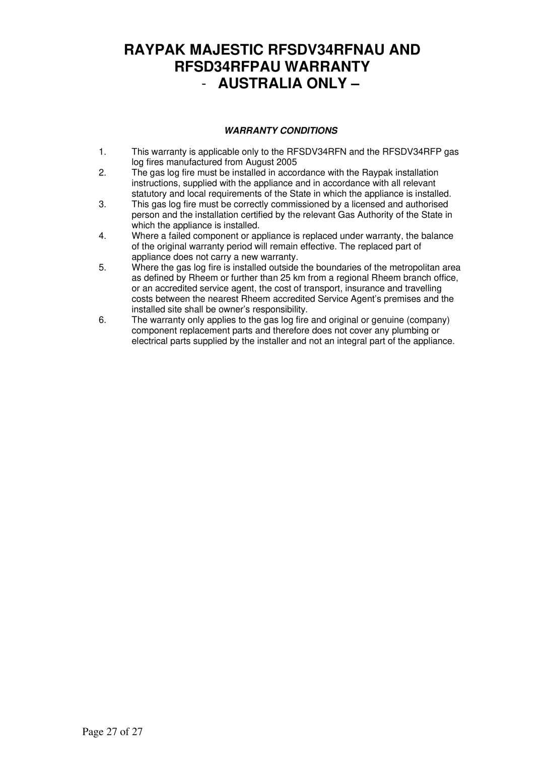 Raypak RFSDV34RFPAU, RFSDV34RFNAU manual Warranty Conditions 