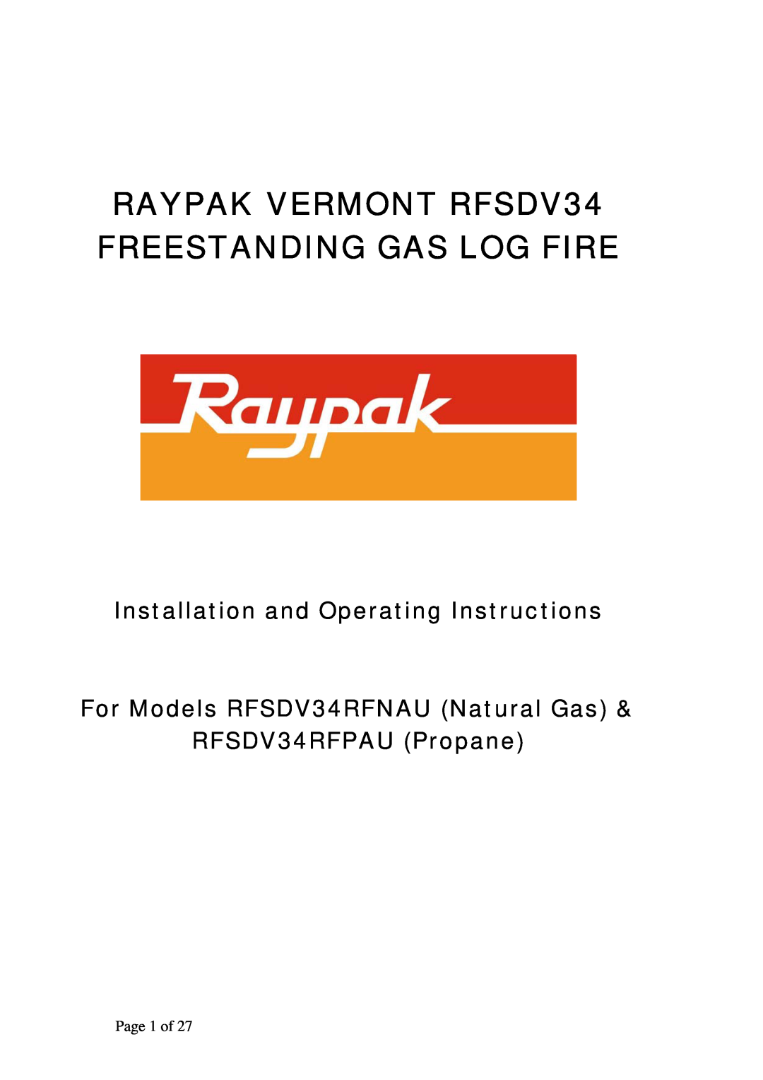 Raypak RFSDV34RFPAU manual Installation and Operating Instructions, For Models RFSDV34RFNAU Natural Gas, Page 1 of 