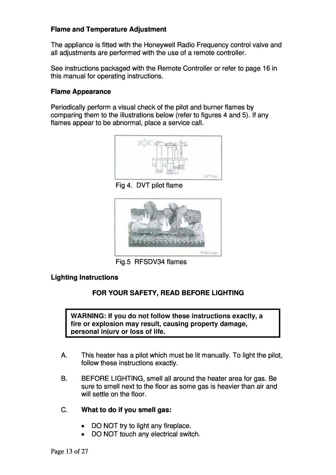 Raypak RFSDV34RFPAU, RFSDV34RFNAU Flame and Temperature Adjustment, Flame Appearance, Lighting Instructions, Page 13 of 