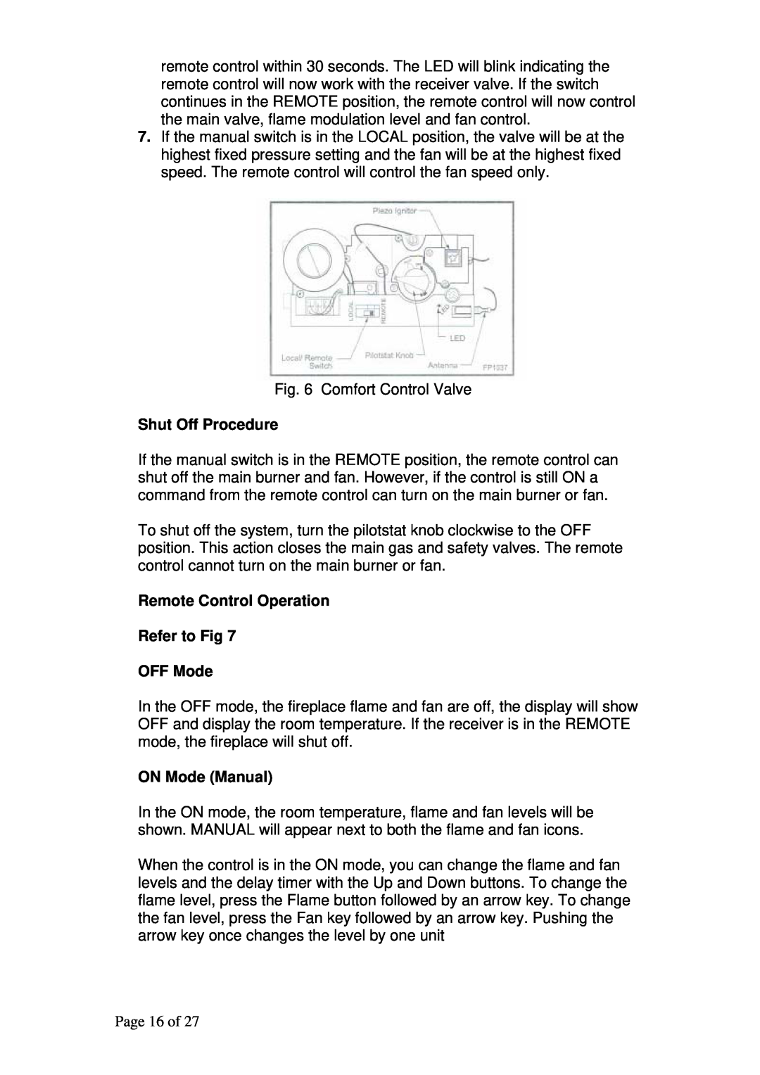 Raypak RFSDV34RFNAU manual Shut Off Procedure, Remote Control Operation Refer to Fig OFF Mode, ON Mode Manual, Page 16 of 