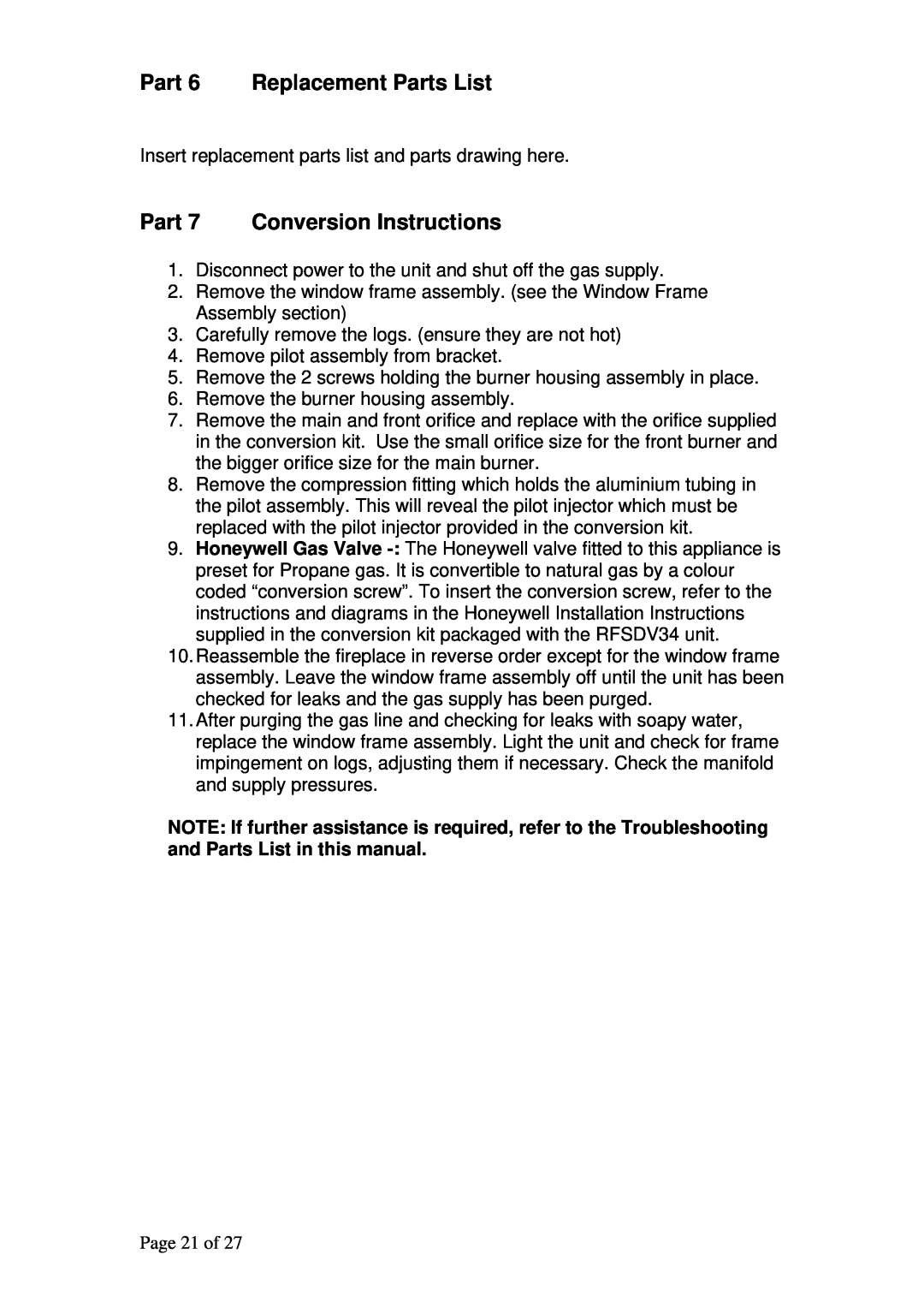 Raypak RFSDV34RFPAU, RFSDV34RFNAU manual Part 6 Replacement Parts List, Part 7 Conversion Instructions, Page 21 of 