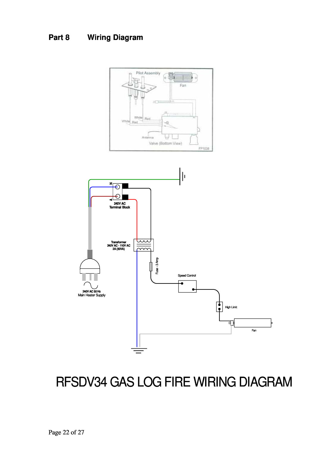 Raypak RFSDV34RFNAU manual Part 8 Wiring Diagram, RFSDV34 GAS LOG FIRE WIRING DIAGRAM, Page 22 of, Main Heater Supply 