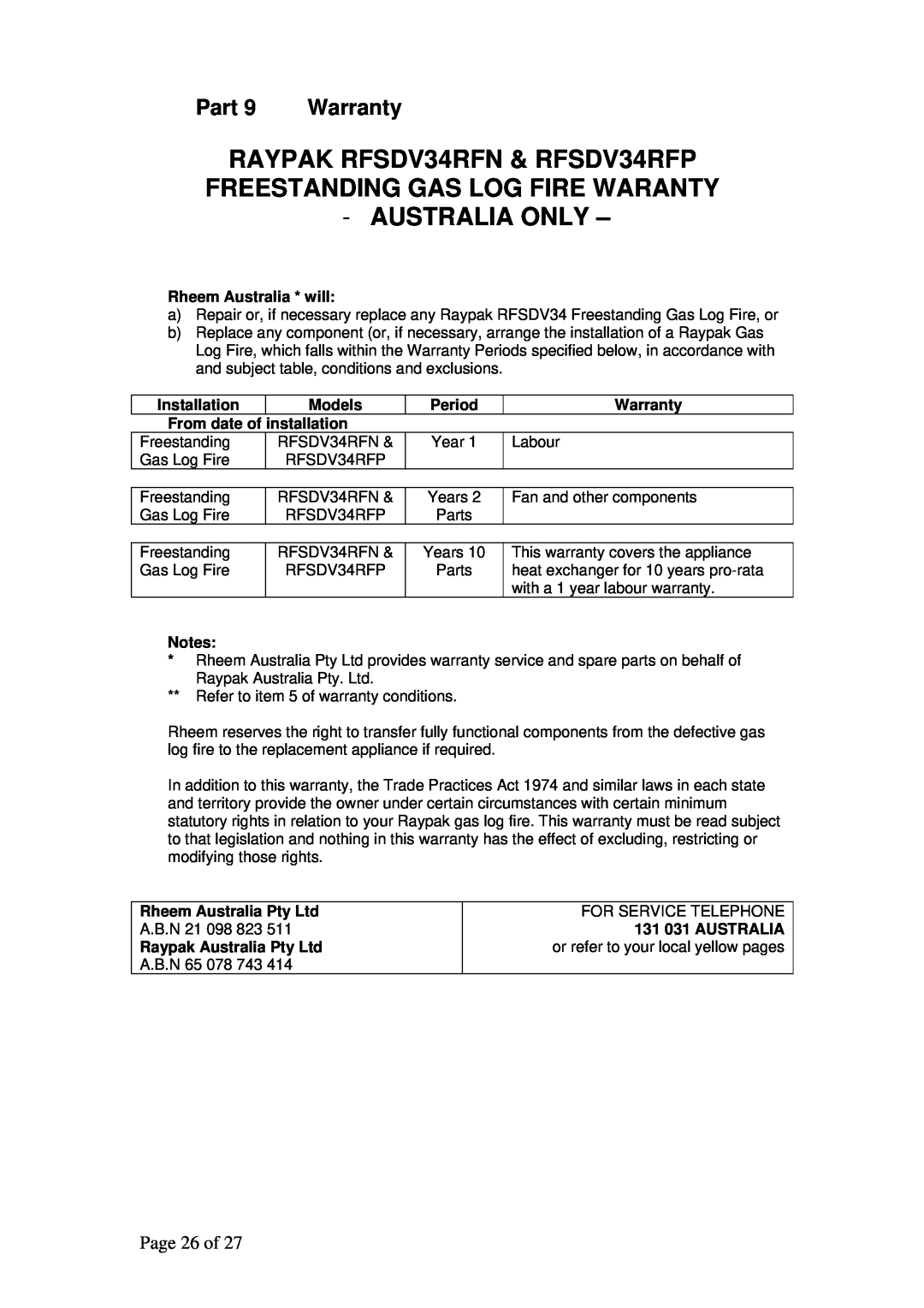 Raypak RFSDV34RFNAU, RFSDV34RFPAU manual Australia Only, Part, Warranty, Page 26 of 