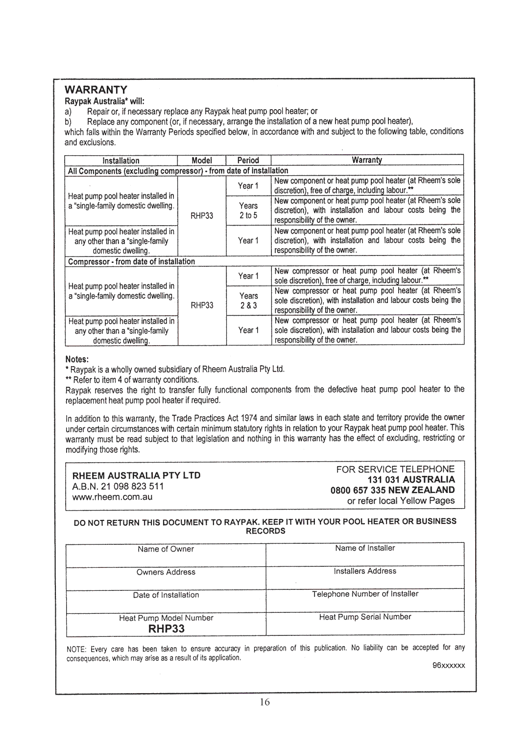 Raypak RHP 33 installation manual 