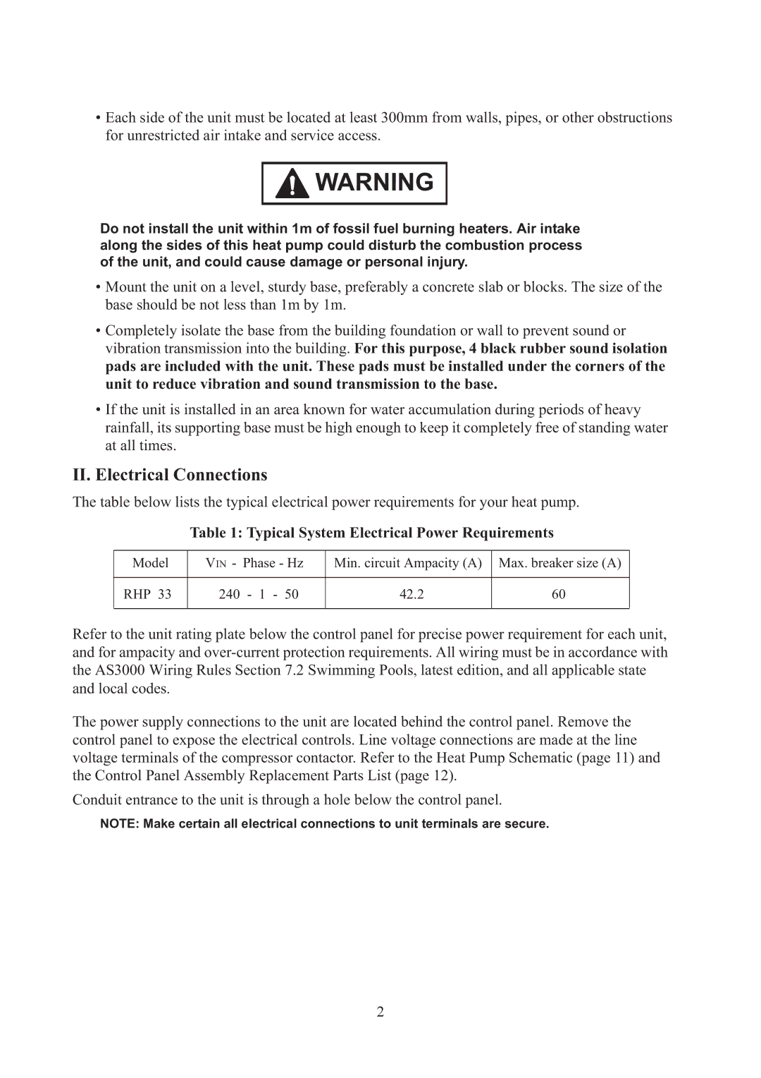 Raypak RHP 33 installation manual II. Electrical Connections, Typical System Electrical Power Requirements 