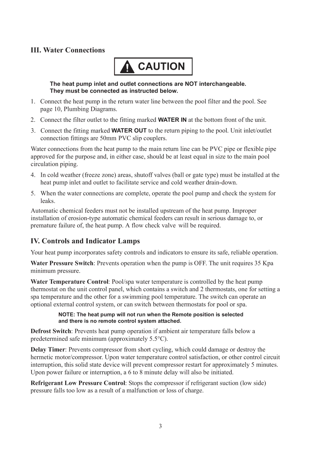 Raypak RHP 33 installation manual III. Water Connections, IV. Controls and Indicator Lamps 