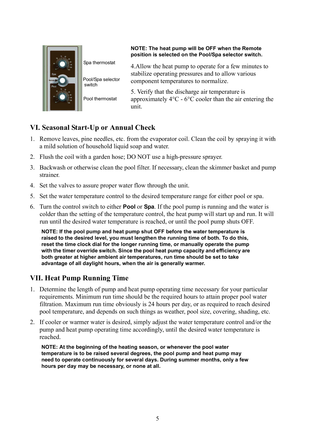 Raypak RHP 33 installation manual VI. Seasonal Start-Up or Annual Check, VII. Heat Pump Running Time 