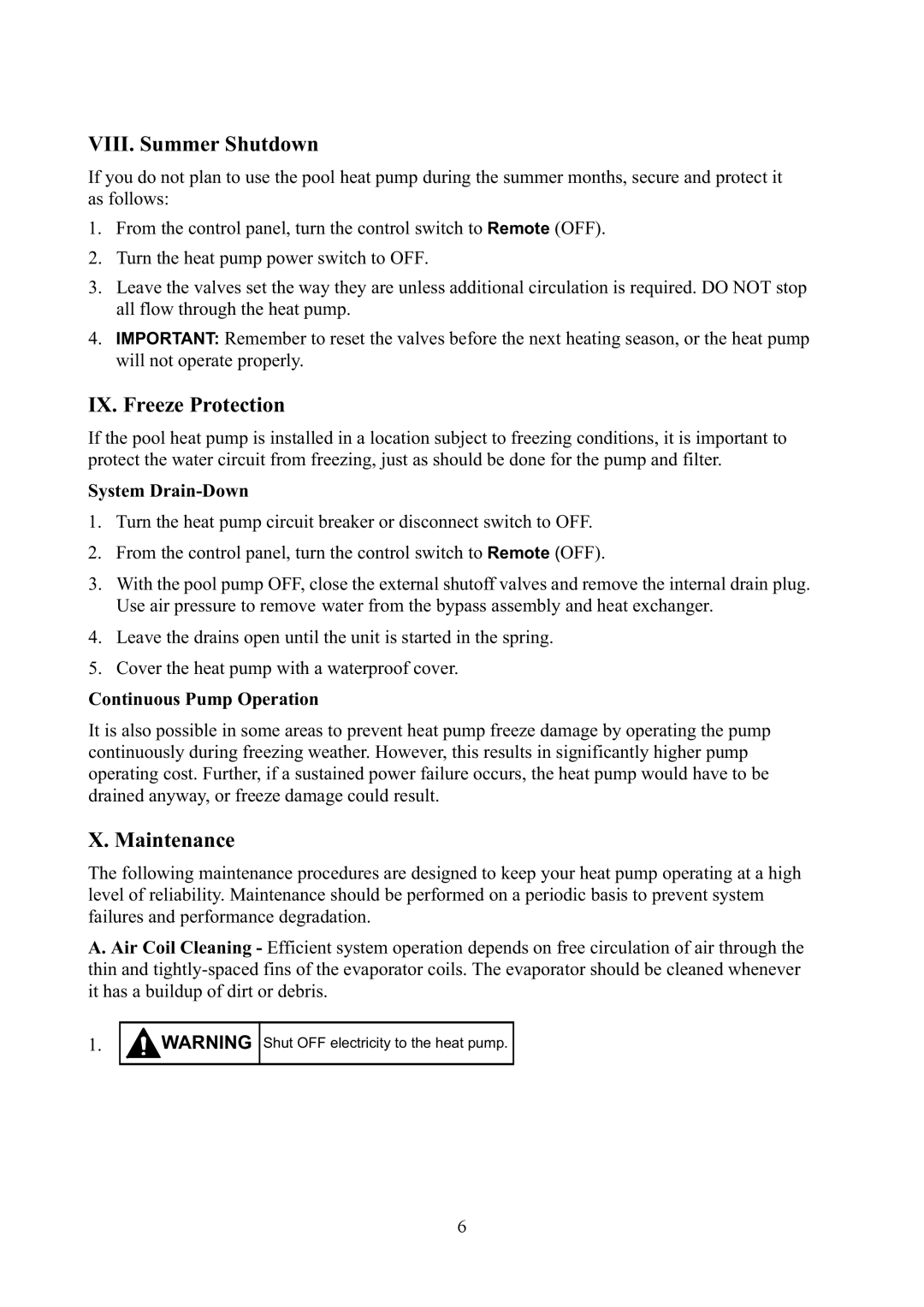 Raypak RHP 33 installation manual VIII. Summer Shutdown, IX. Freeze Protection, Maintenance 