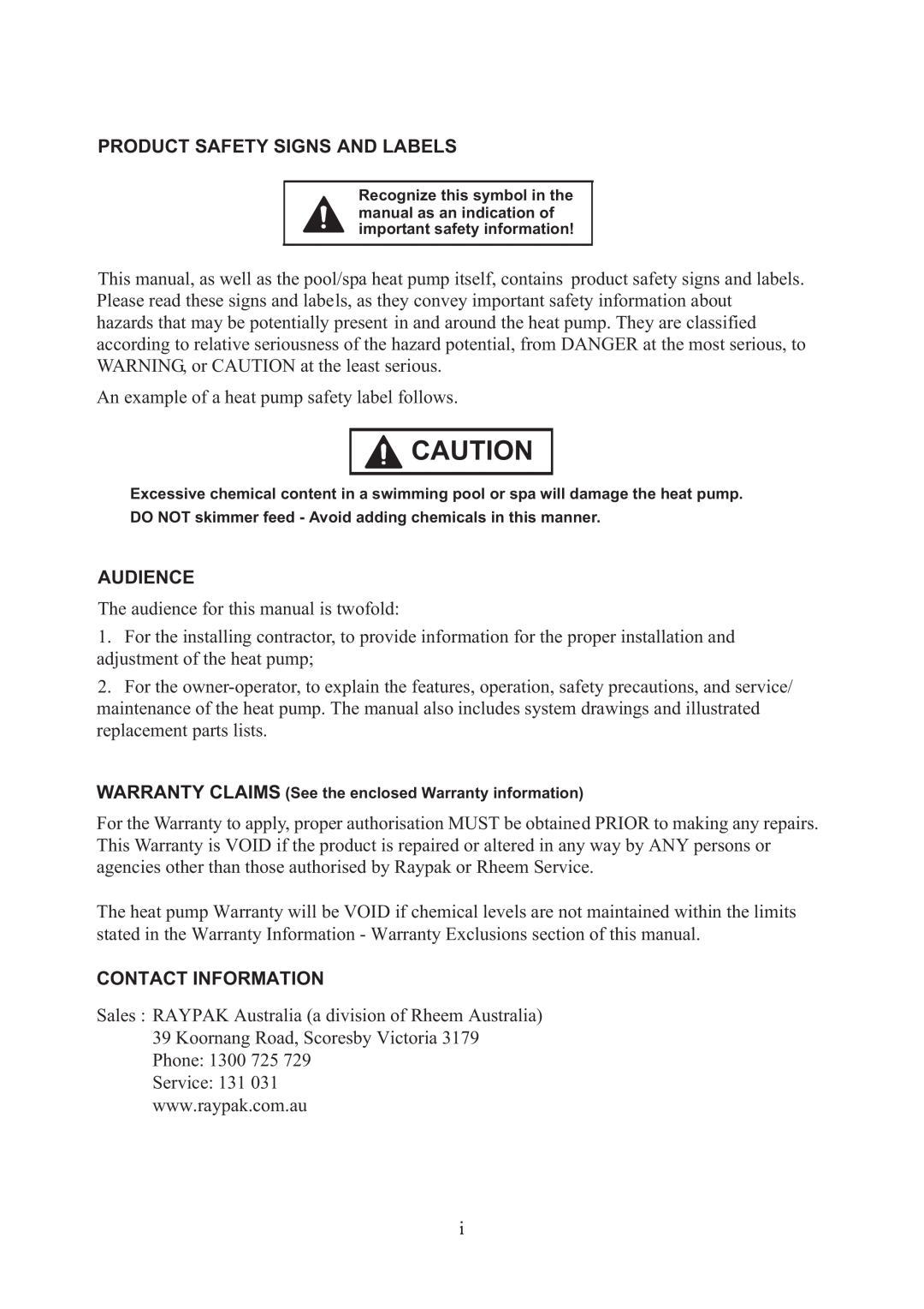 Raypak RHP 33 installation manual Product Safety Signs And Labels, Audience, Contact Information 