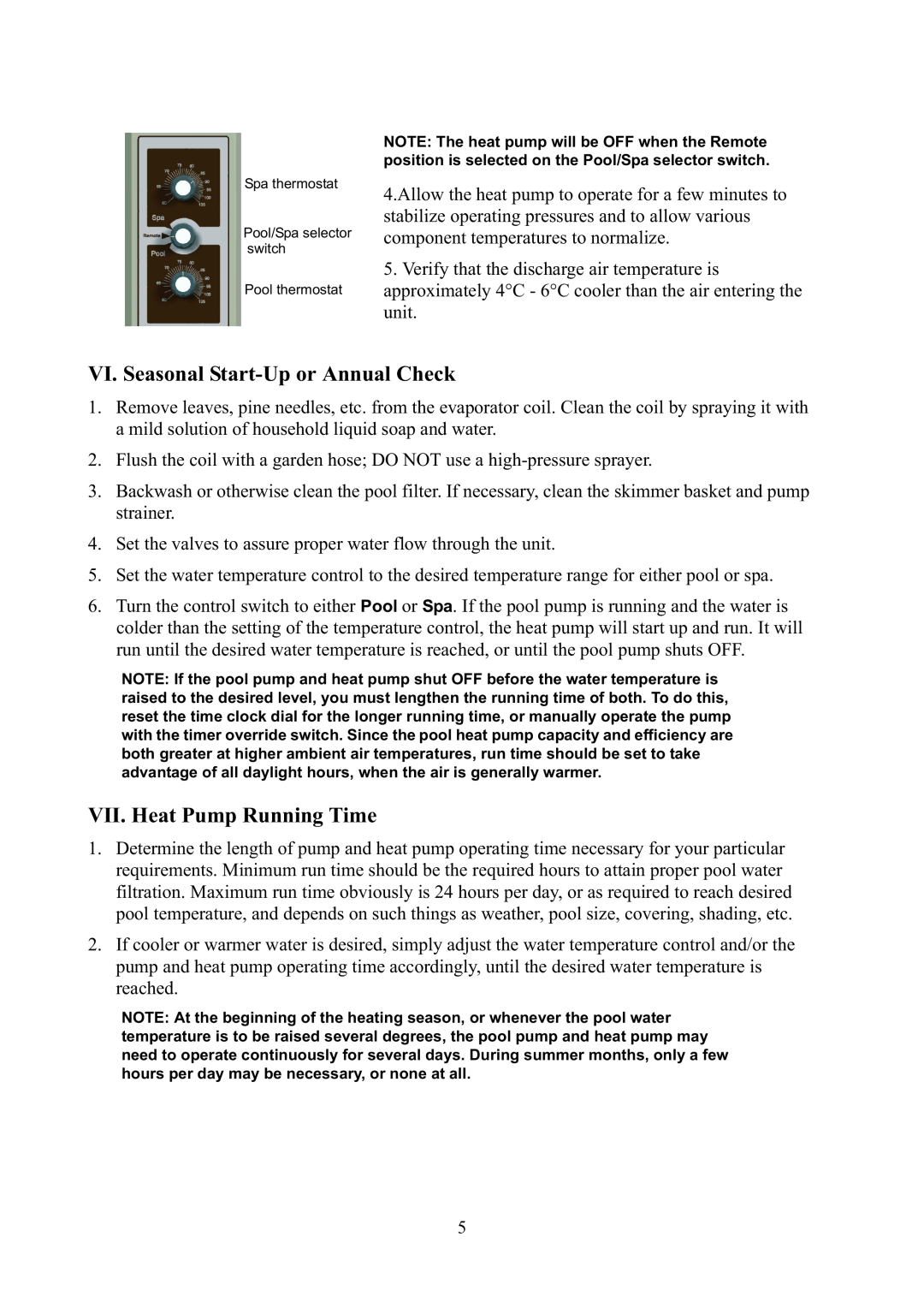 Raypak RHP 33 installation manual VI. Seasonal Start-Upor Annual Check, VII. Heat Pump Running Time 