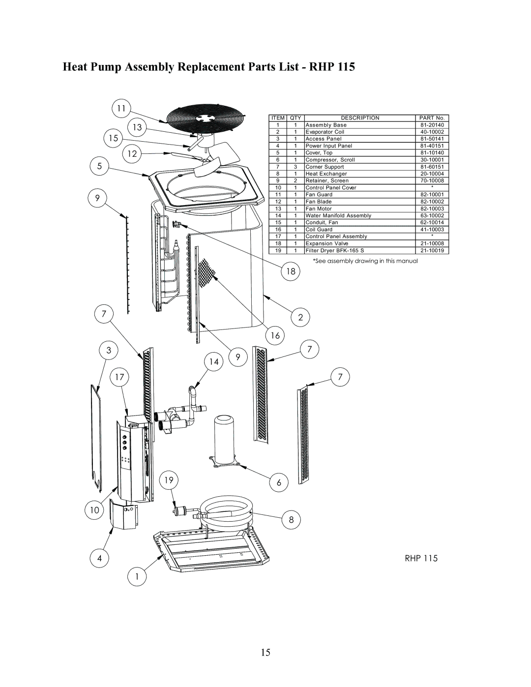 Raypak RHP115, RHP100, RHP160 installation manual Heat Pump Assembly Replacement Parts List RHP 