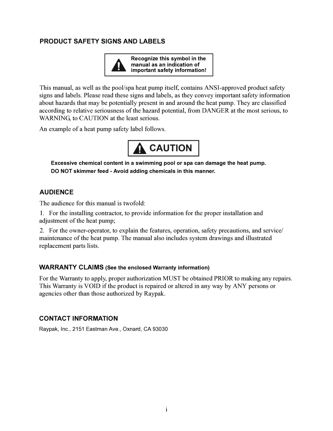 Raypak RHP160, RHP115, RHP100 installation manual Contact Information 