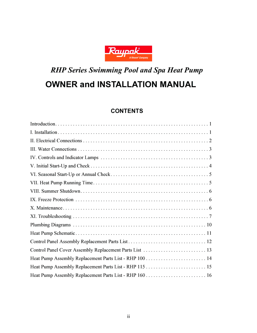 Raypak RHP115, RHP100, RHP160 installation manual Owner and Installation Manual 