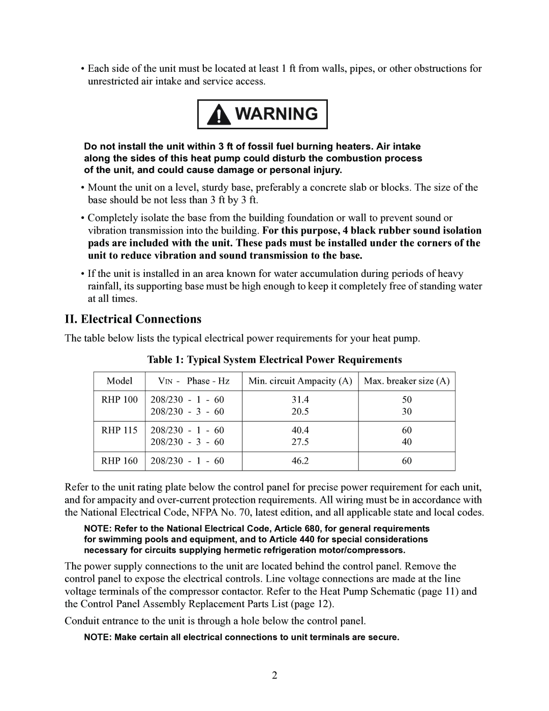 Raypak RHP160, RHP115, RHP100 installation manual II. Electrical Connections, Typical System Electrical Power Requirements 