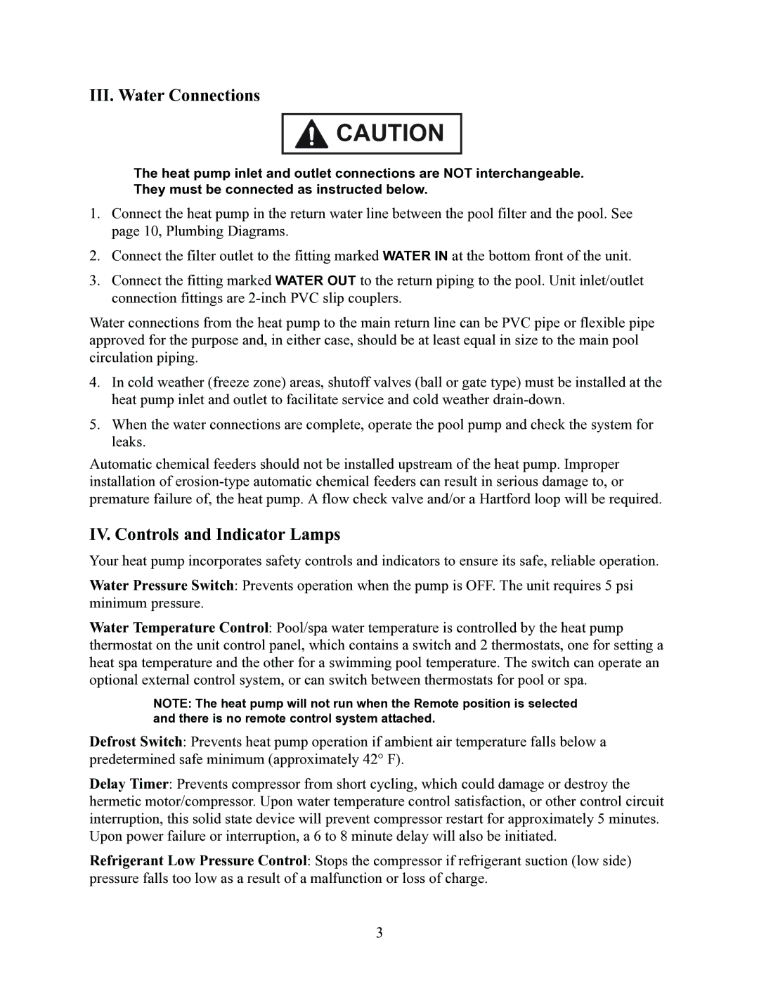 Raypak RHP115, RHP100, RHP160 installation manual III. Water Connections, IV. Controls and Indicator Lamps 