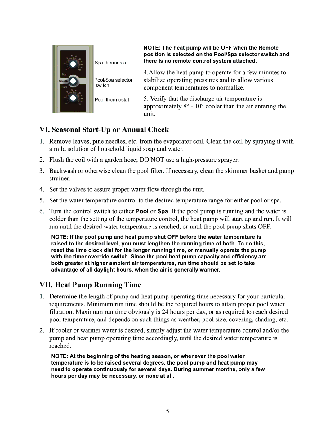 Raypak RHP160, RHP115, RHP100 installation manual VI. Seasonal Start-Up or Annual Check, VII. Heat Pump Running Time 