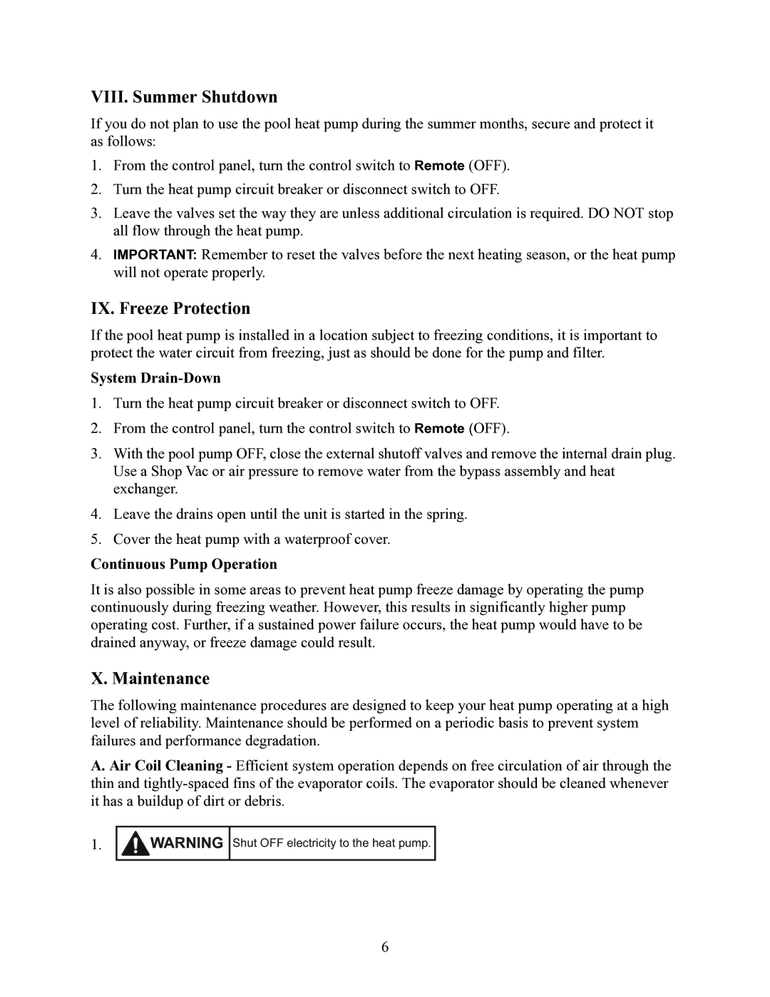 Raypak RHP115, RHP100, RHP160 installation manual VIII. Summer Shutdown, IX. Freeze Protection, Maintenance 