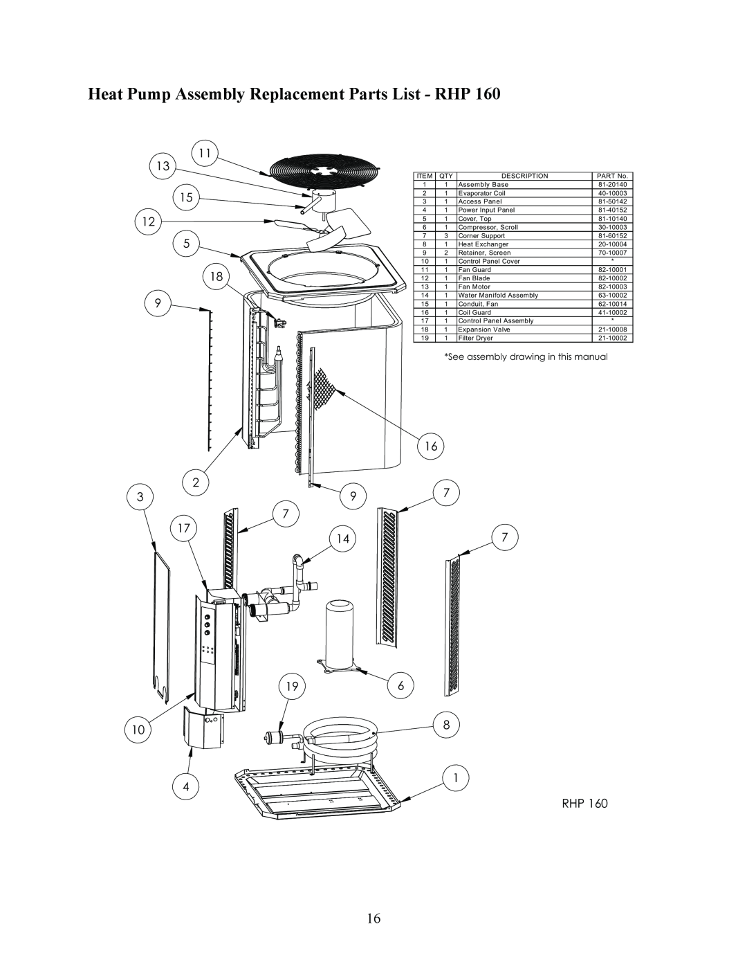 Raypak RHP100, RHP115, RHP160 Heat Pump Assembly Replacement Parts List - RHP, See assembly drawing in this manual 