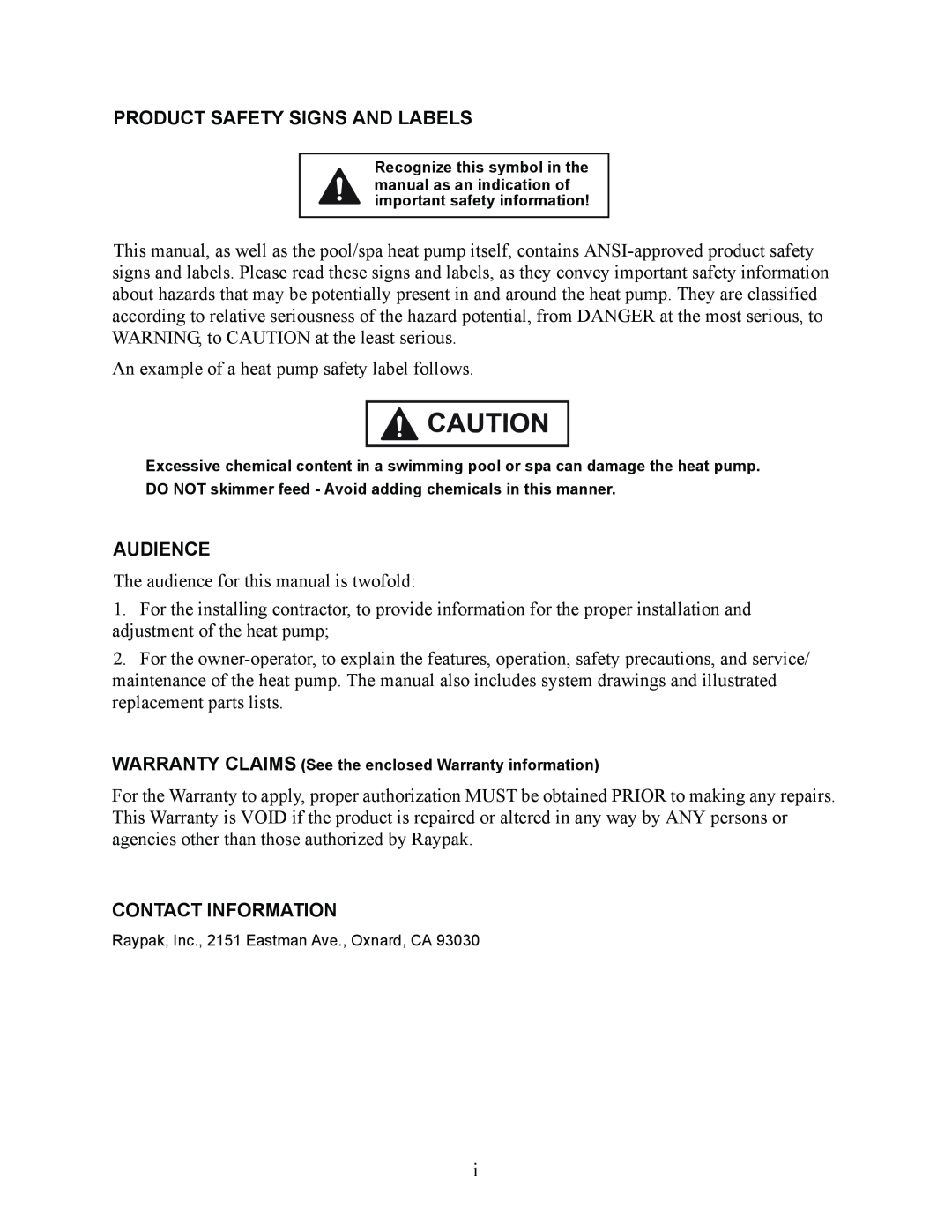 Raypak RHP160, RHP115, RHP100 installation manual Product Safety Signs And Labels, Audience, Contact Information 