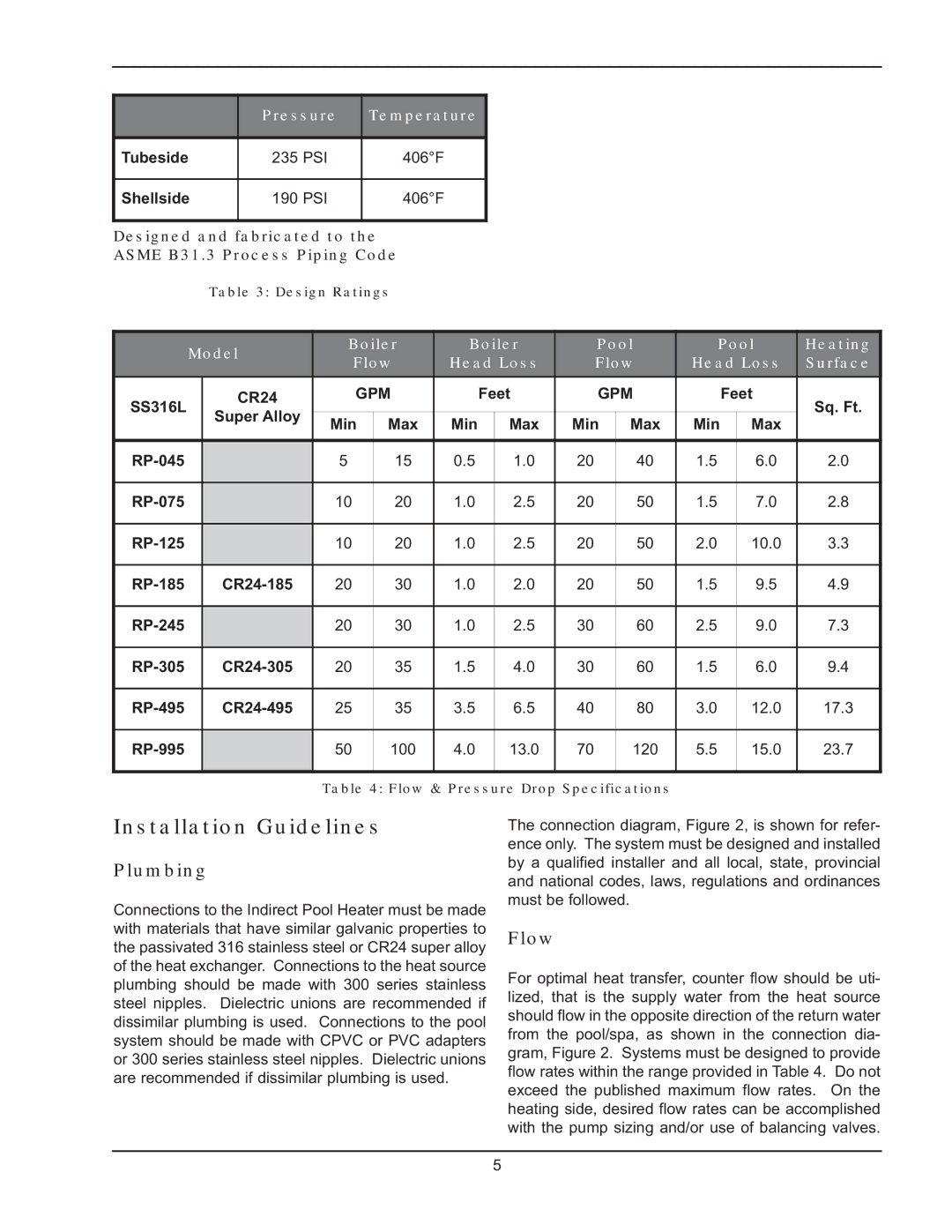 Raypak RP-045, RP-995, CR24-495, CR24-185 installation instructions Plumbing, Flow 