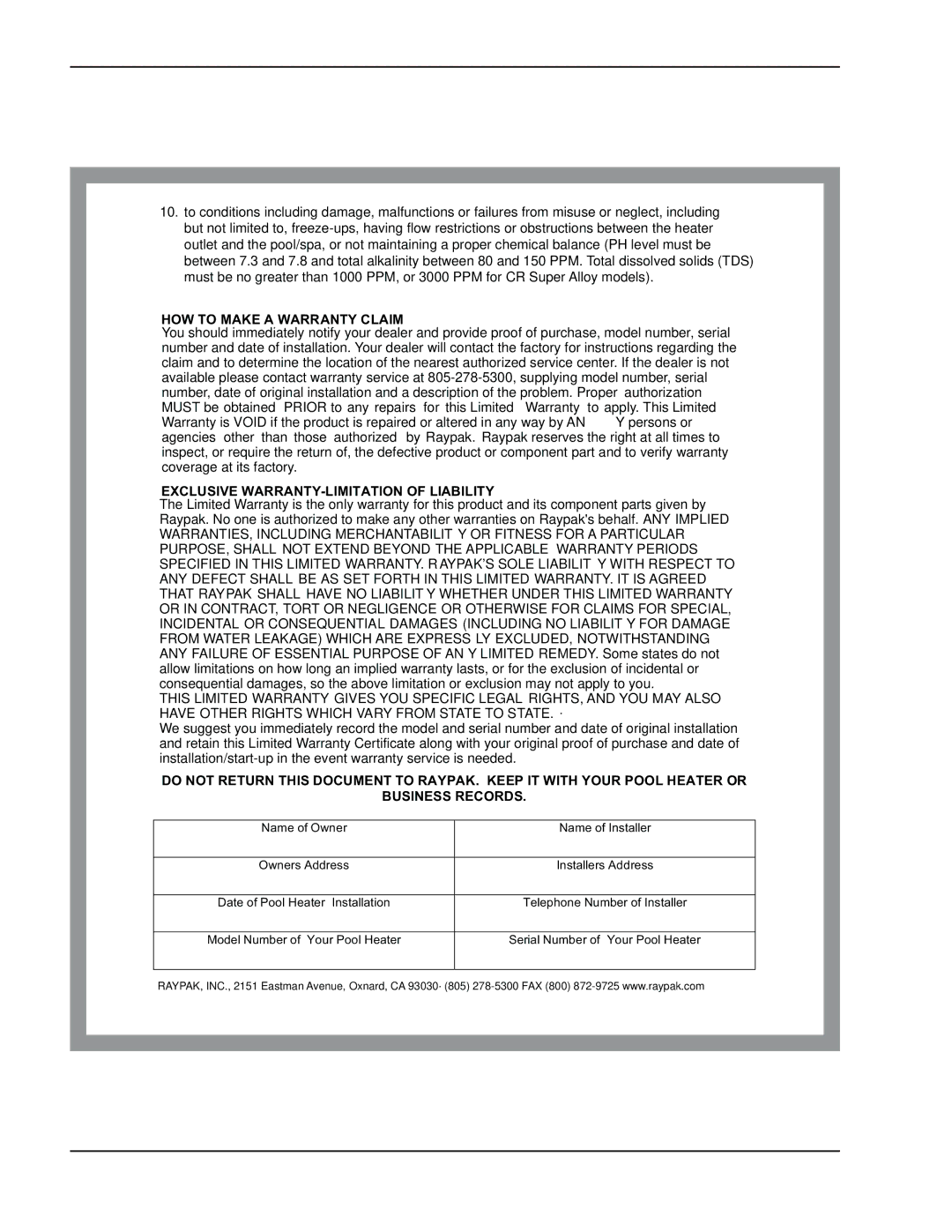 Raypak RP-995, RP-045, CR24-495, CR24-185 installation instructions HOW to Make a Warranty Claim 