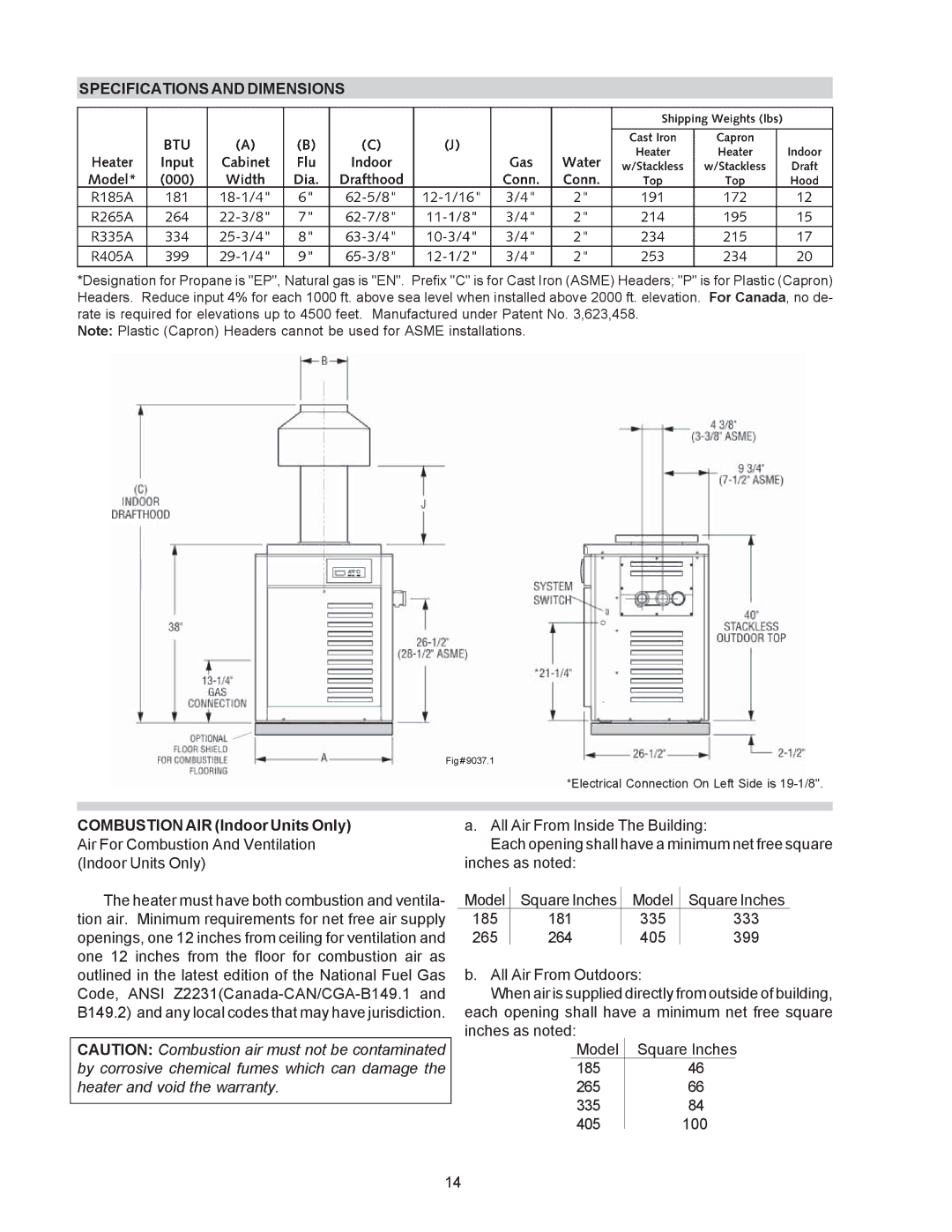 Raypak C-R185A, RP2100, P-R405A operating instructions Specifications and Dimensions, Combustion AIR Indoor Units Only 