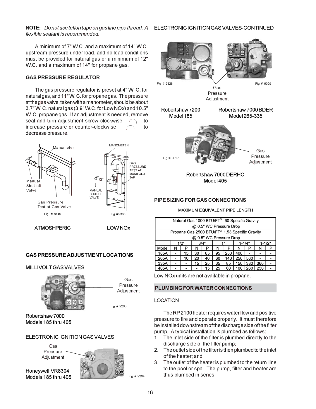 Raypak P-R405A, RP2100, C-R185A GAS Pressure Regulator, Pipe Sizing for GAS Connections, GAS Pressure Adjustment Locations 