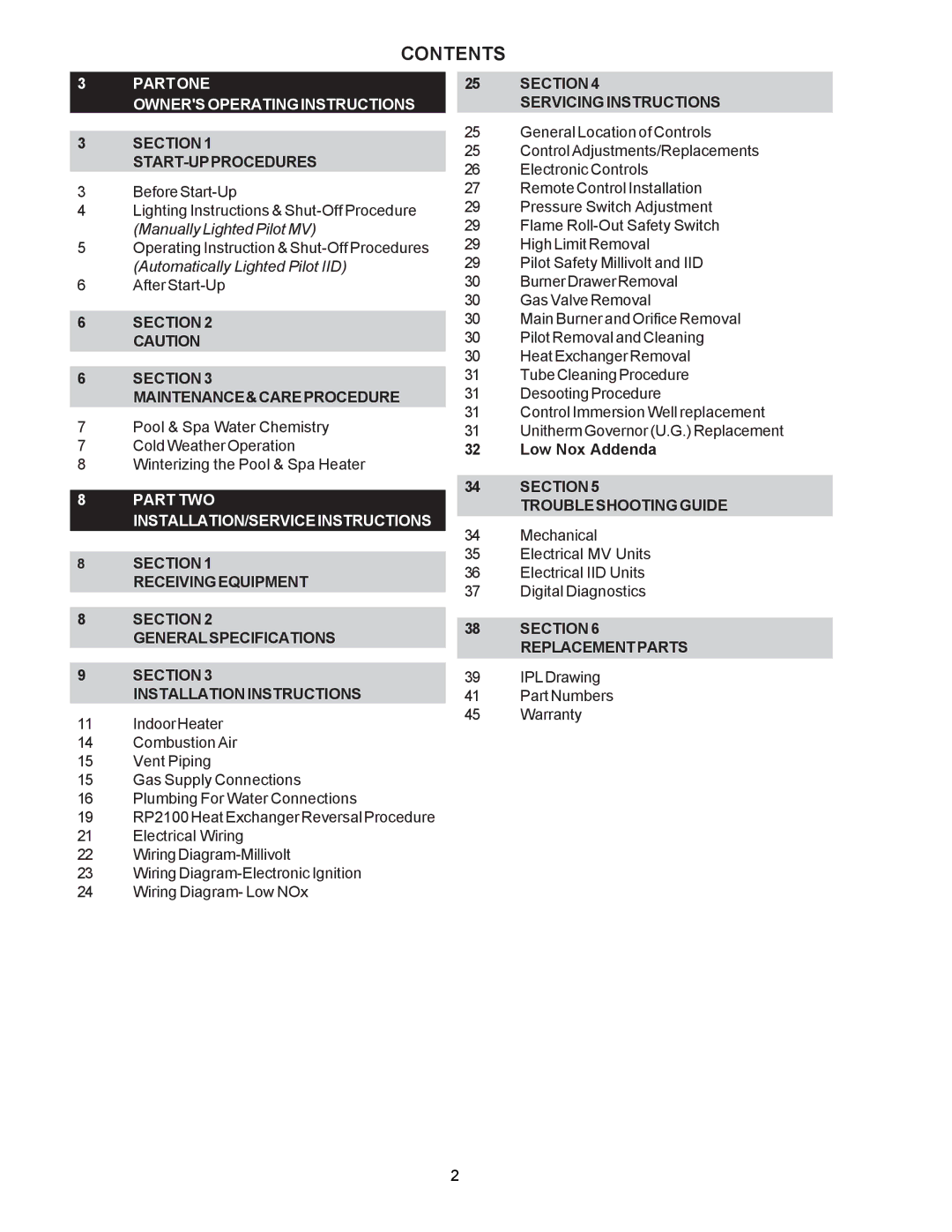 Raypak C-R185A, RP2100, P-R405A operating instructions Contents 