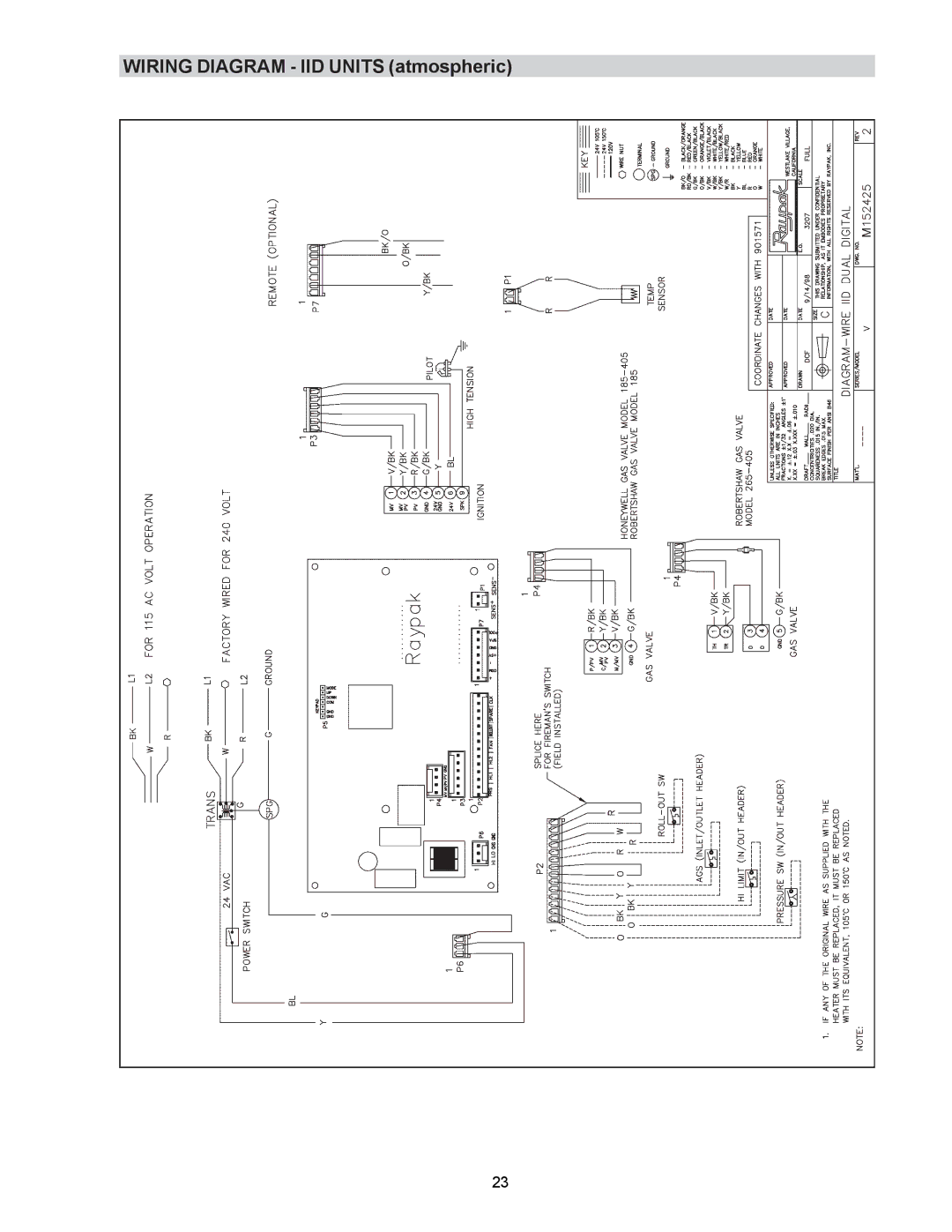 Raypak C-R185A, RP2100, P-R405A operating instructions Wiring Diagram IID Units atmospheric 