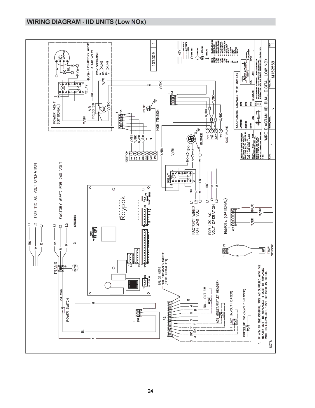 Raypak RP2100, P-R405A, C-R185A operating instructions Wiring Diagram IID Units Low NOx 