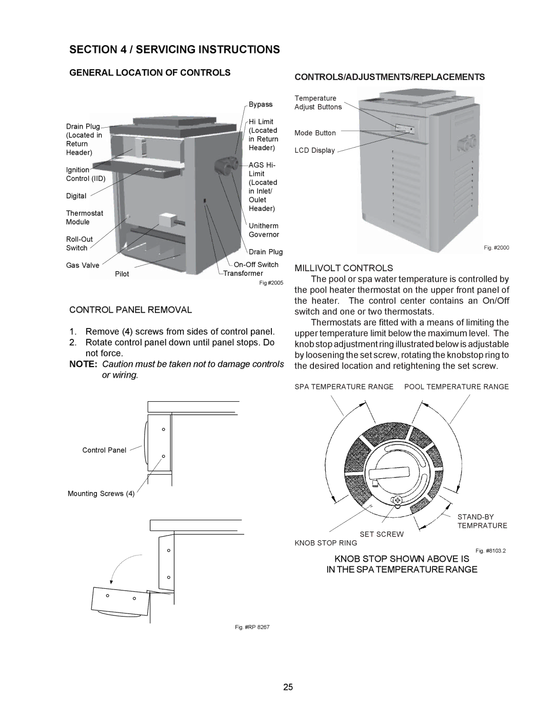 Raypak P-R405A General Location of Controls, Control Panel Removal, Controls/Adjustments/Replacements, Millivolt Controls 