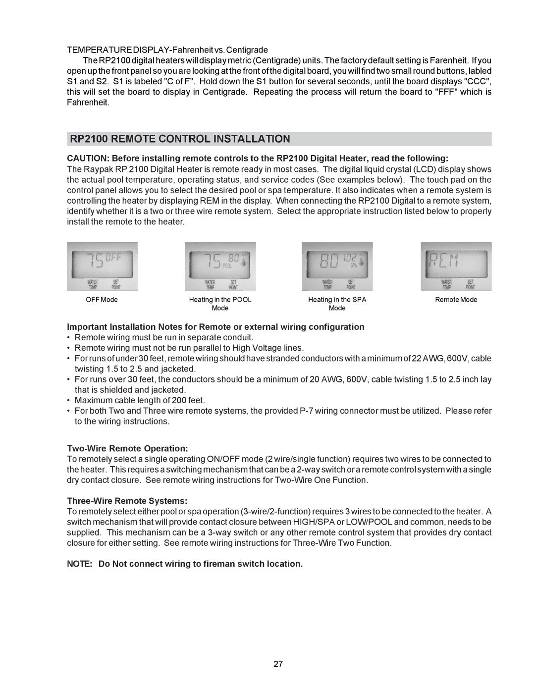 Raypak P-R405A, C-R185A operating instructions RP2100 Remote Control Installation, Two-Wire Remote Operation 